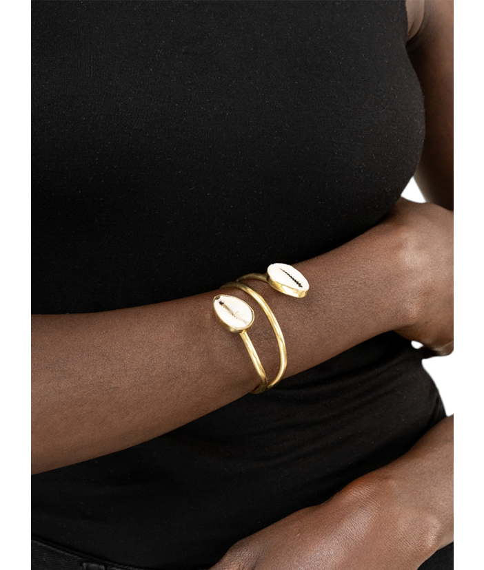 2 Cowrie Shell Coiled Brass Adjustable Bracelet