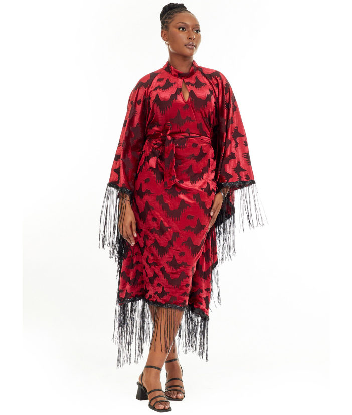 Nahla Fringed Velvet Mid-Length Dress