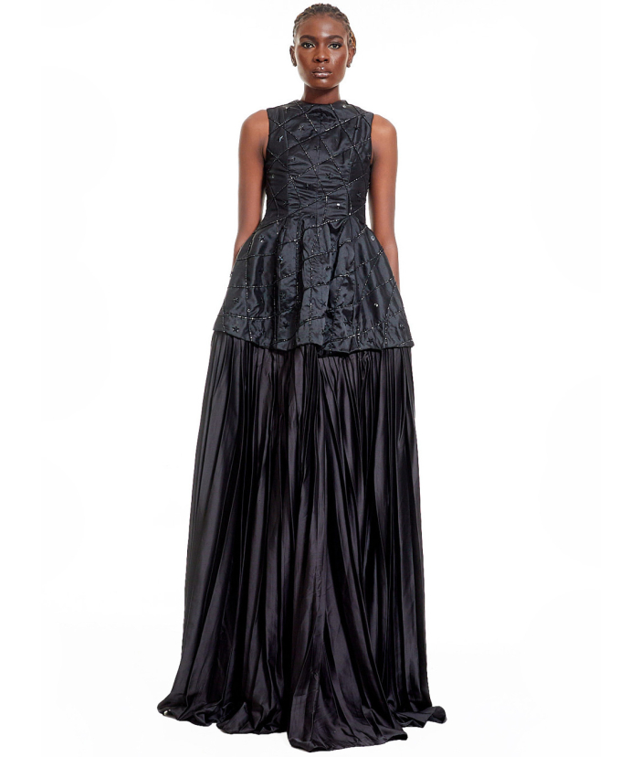  Embellished Black Pleated A-Line Dress