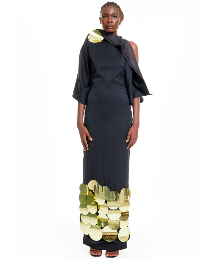 Black Soft Denim Dress with Gold One-Shoulder Detail