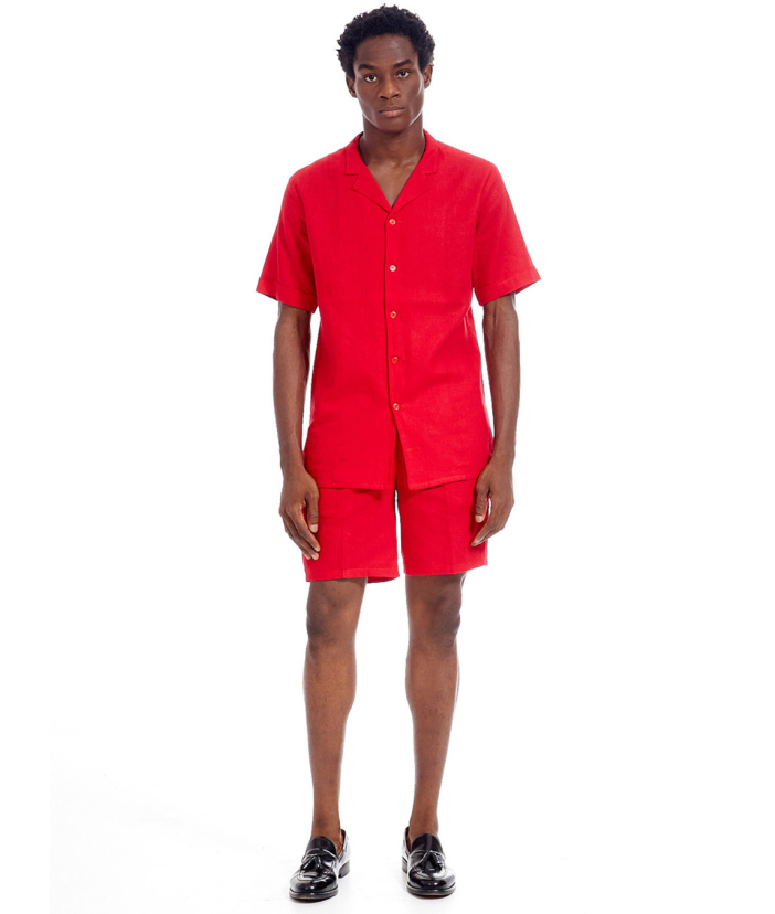 RED LINEN SHORT SET