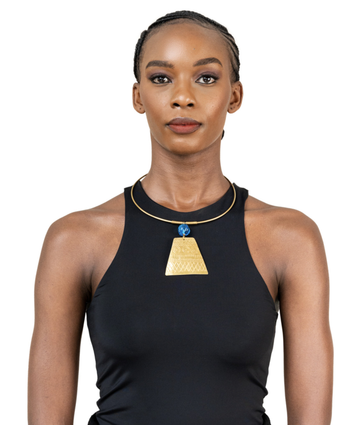 Blue Bead Brass Trapezium Cut Engraved Necklace