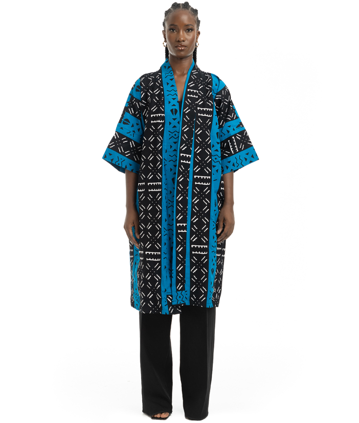 Blue, white and black African Print Kimono