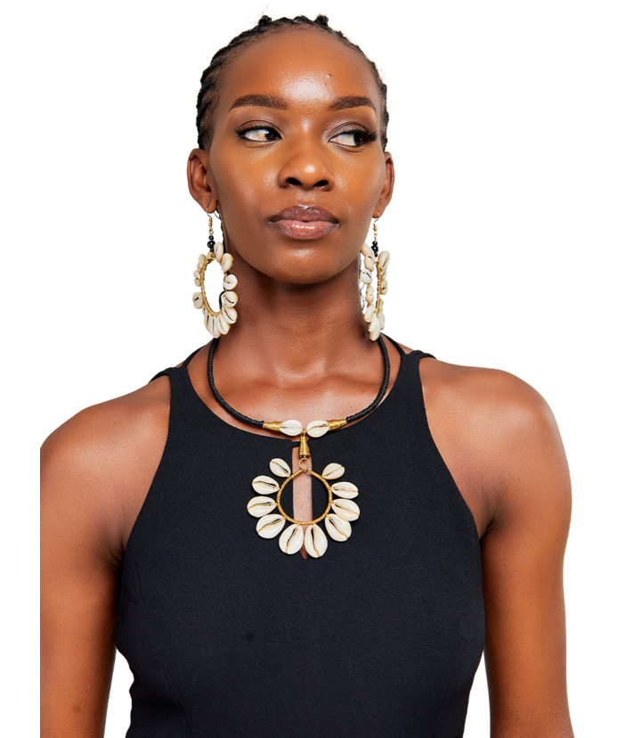 Circular Cowrie Shell on Brass Wire Necklace and Earring Set