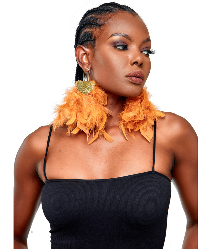 Nuri Brass & Feather Earrings - Brown