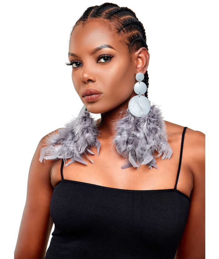 Grey Nuri wood and Feather Earrings 