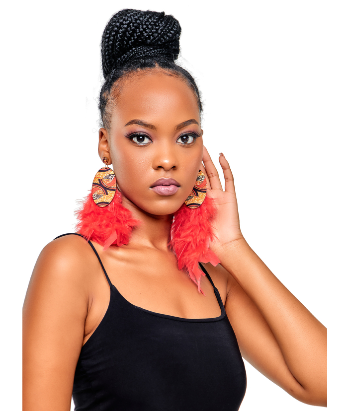 Red Nuri Bone, Brass & Feather Earrings
