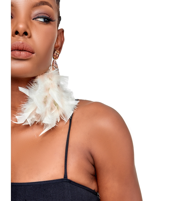 White Nuri Bone, Brass & Feather Earrings