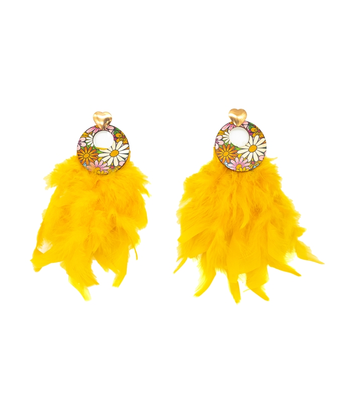 Mustard Nuri Wood, Brass & Feather Earrings