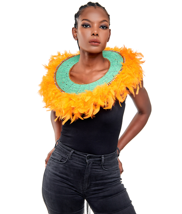 Tangerine Mumbi Feather Neckpiece