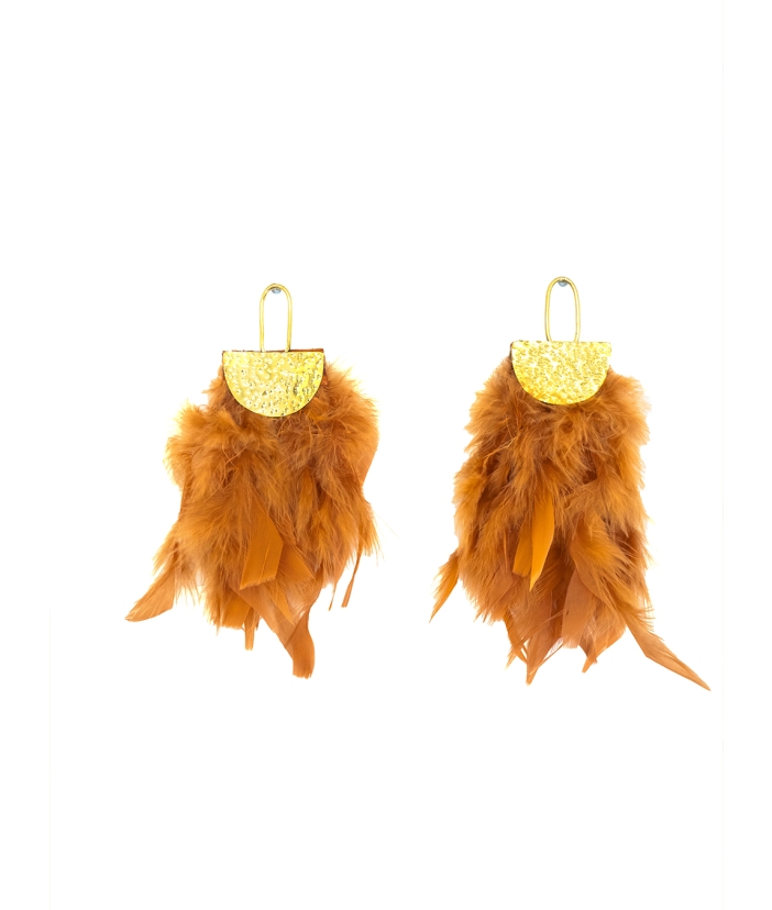 Nuri Brass & Feather Earrings - Brown