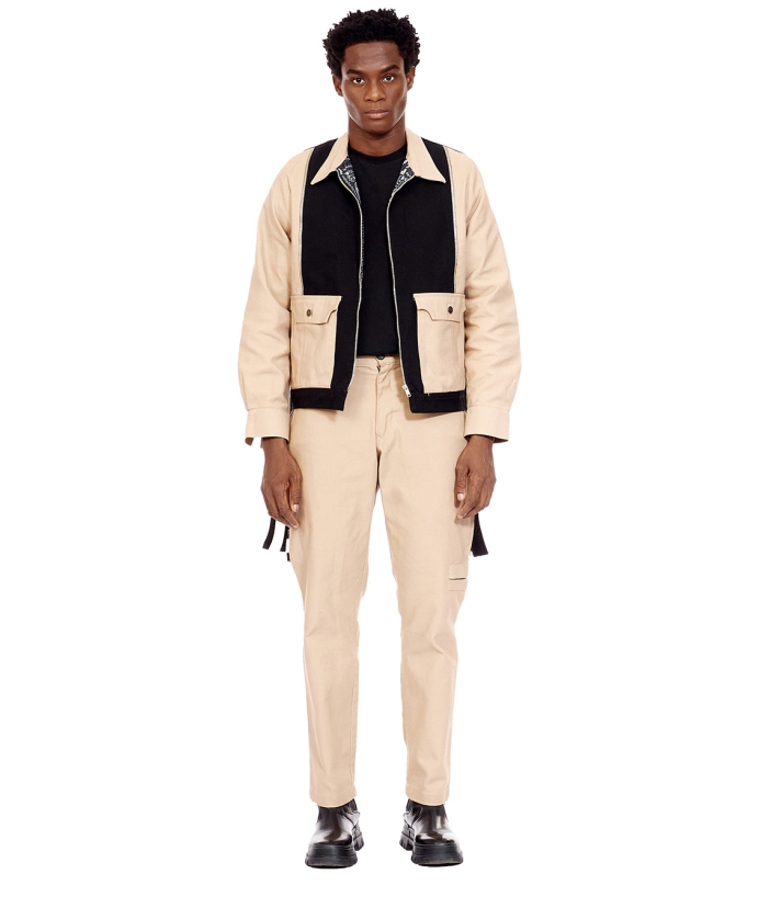 Color Block Paneled Zipper Jacket (Beige Collar)