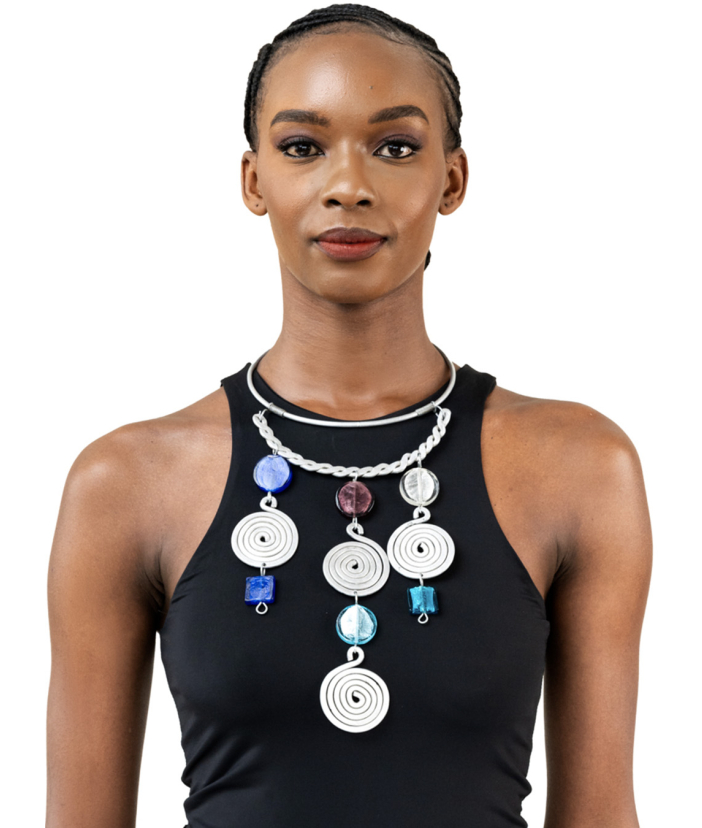 Silver Coiled and Recycled Glass Chandelier Necklace
