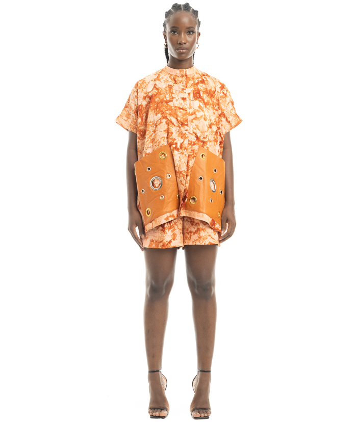 2-piece Tie-dye Patch Leather Pocket Top and Shorts 
