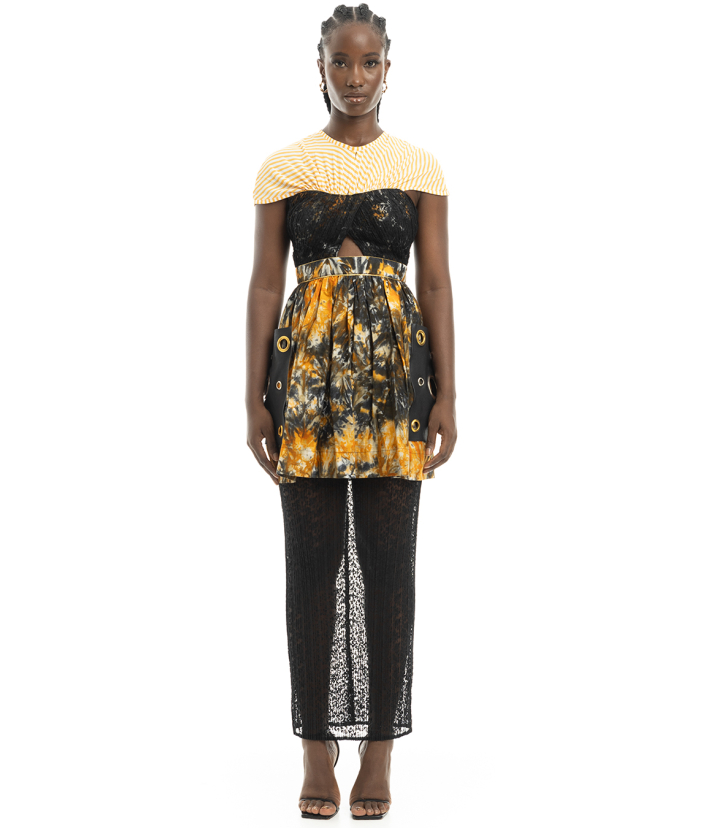Patch Leather Pocket Dress with Black Lace