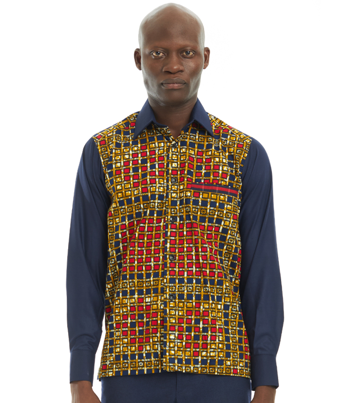 Navy blue with kente African print  shirt